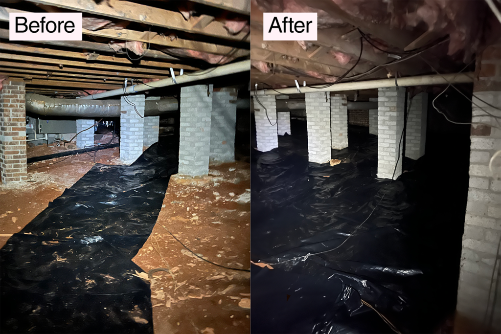 before and after: new vapor barrier in crawlspace